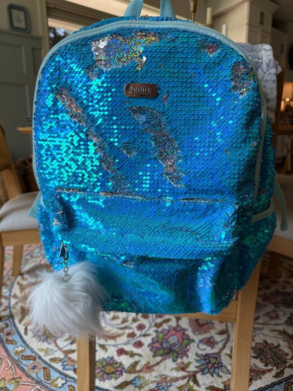 Justice Aqua Blue Holographic Flip Sequin Backpack with Fluffy Pom Charm